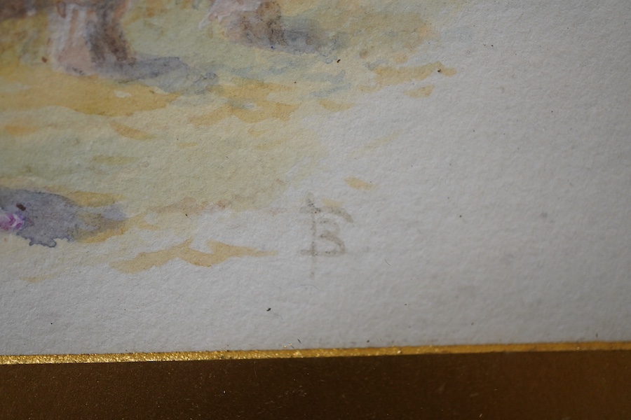 Myles Birket Foster (1825-1899), watercolour, Figures Thrashing Wheat, monogrammed, gilt framed, 11.5 x 17cm. Condition - good
